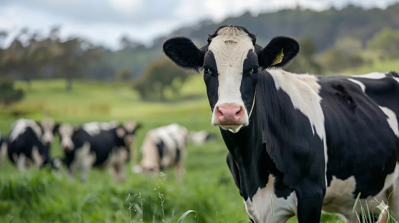 Black and white Holstein Friesian cow standing in grass, facing the camera