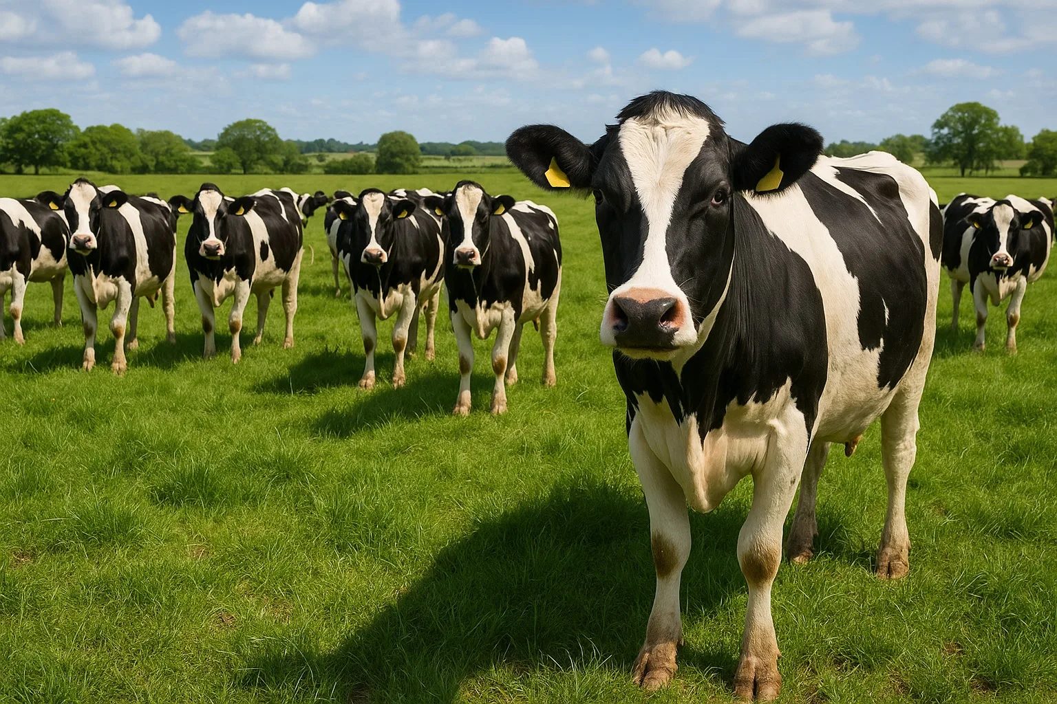 Herd of Holstein Friesian cows standing in a green pasture