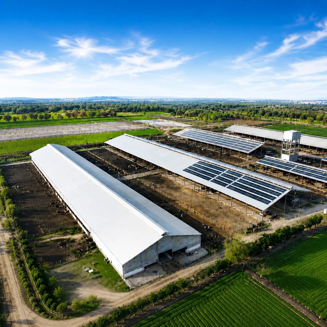 Aerial view of a dairy farm with solar panels covering the shed roofs, surrounded by green fields
